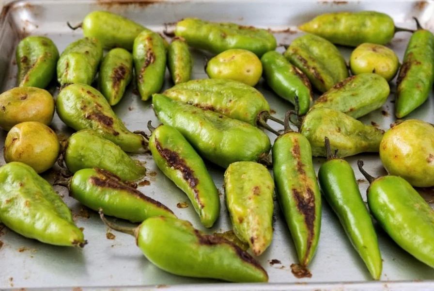 Fresh tomatillos and green chilies roasting on a baking sheet
