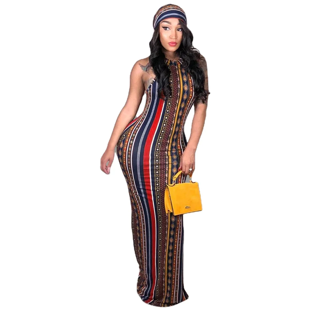 

Hot Sale Fashionable comfort Design Sleeveless Long Striped Printed 2020 Summer Women Casual Maxi Dresses With Headscarf, Customized color