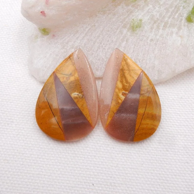 

Natural Sun Stone and Yellow Opal Teardrop Intarsia Earring Bead, 37x27x5mm,10.5g