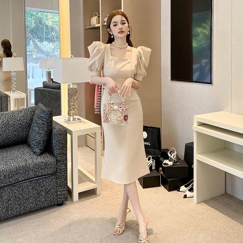 

ZYHT 10395 Stock Women Manufacturers Clothes Summer Korean Fashion Square Collar Solid Color Puff Sleeve Women Office Wear Dress