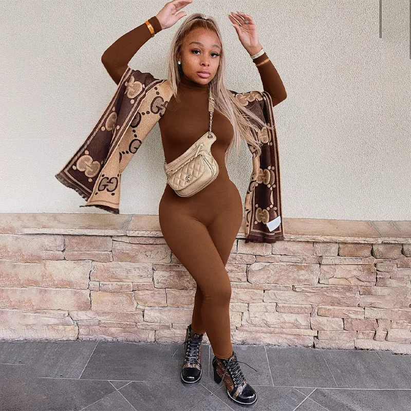 

2021 Spring Women Sexy Bodycon One Piece Jumpsuit Slim Tight Turtleneck Zippered Up Onesie Casual Brown Jumpsuits