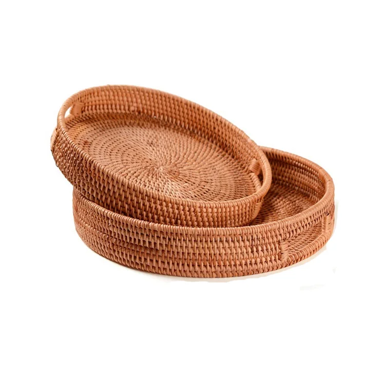 

Popular Best Selling woven Buffet bread fruit lighting vietnam basket round serving rattan tray with handles, Coffee