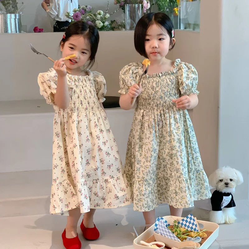 

2022 summer infant toddler girls' smocked dresses puff sleeve red blue flower princess clothing Boutiques 22qz1163047
