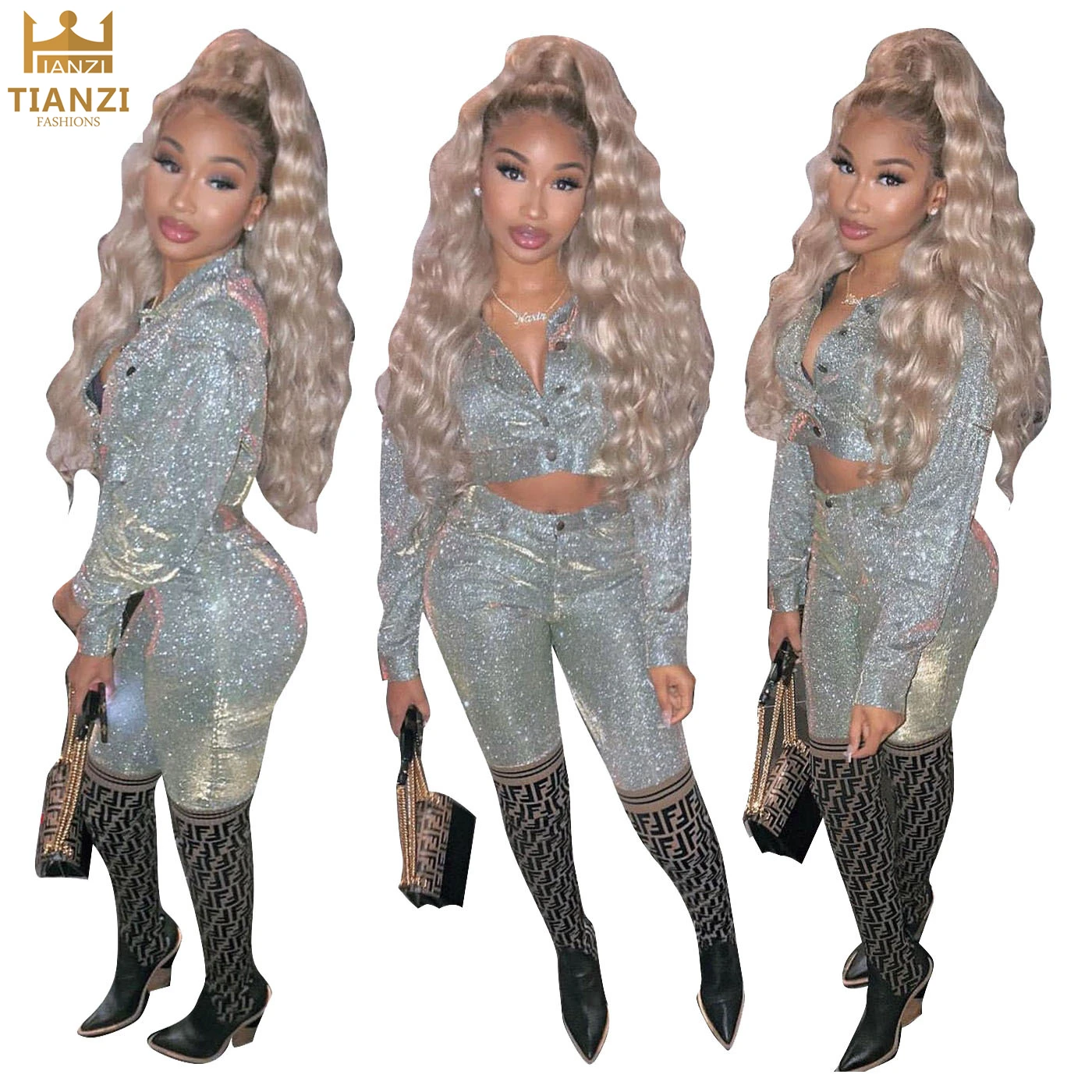 

T3339 - women fall new fashion long sleeve cover up and pant glitter shing two piece set clothing