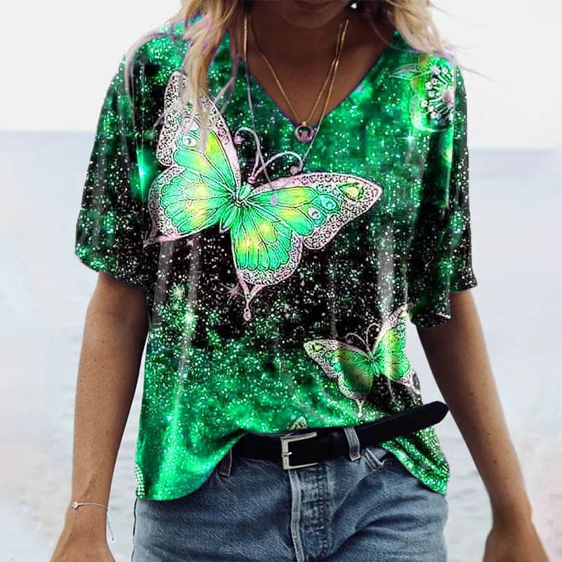 

Plus size women t-shirts cheap summer sexy V neck butterfly print shirt tie dye loose style women t-shirts