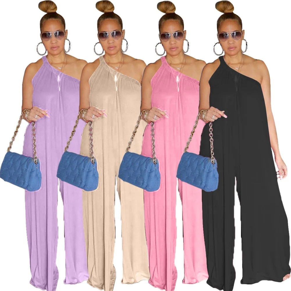 

Solid color summer oblique shoulder flared trousers loose jumpsuit for women, Pink/black/purple /apricot