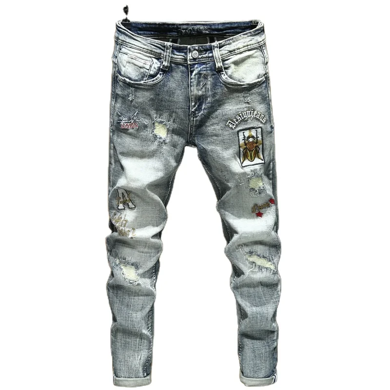 

Men's embroidery patchwork ripped jeans Fashion vintage blue insect embroidered holes slim straight denim pants, Picture color