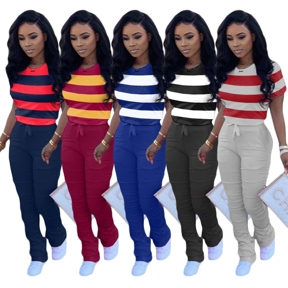 

2021 Cute Women Two Piece Set T Shirt and Stacked Pants Short Sleeve Striped Casual Women 2 Pieces Outfits, 5 colors