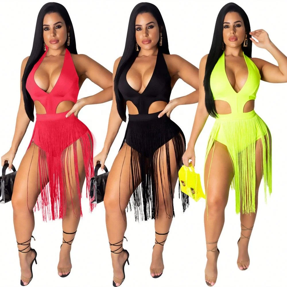 

VOOGUE LM9086 Ladies Solid Color Tassel Cutout Jumpsuit
