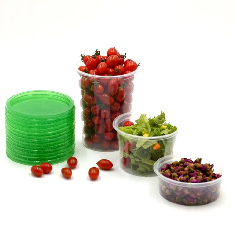 

250ml 500ml 950ml Microwavable Clear Round Deli Container with Green Lid