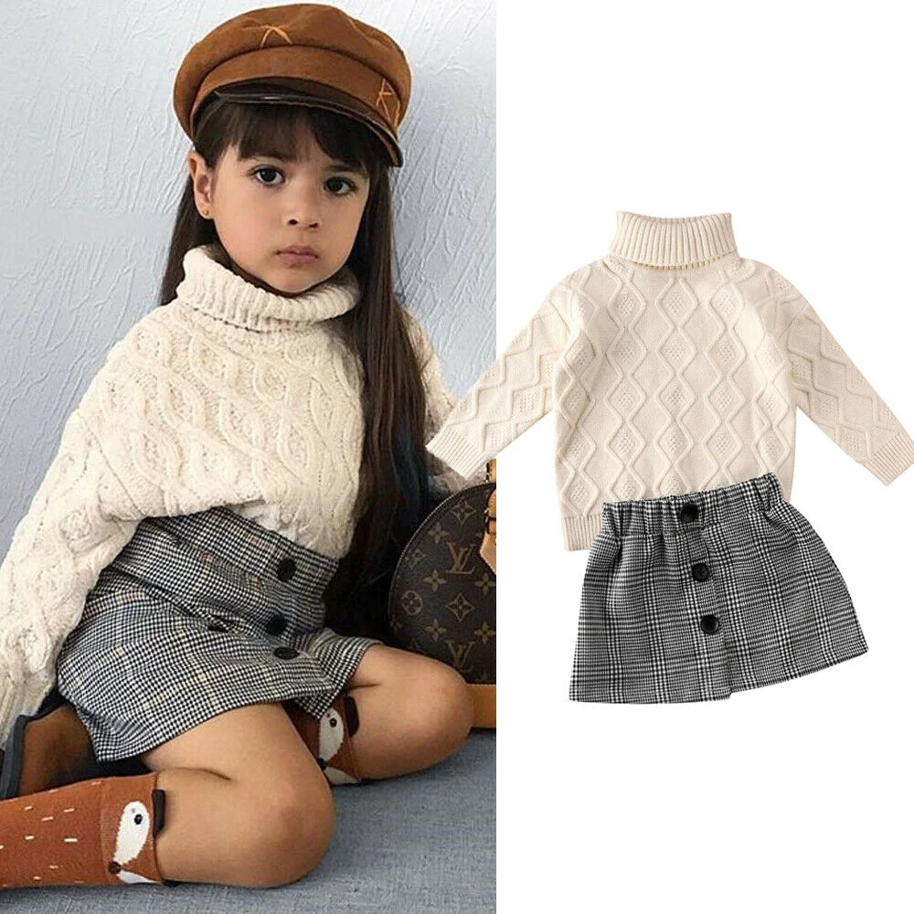 

Fashion Kids Turtleneck Knit Sweater Tops + Plaid Mini Skirt Two Pieces Set Fall Winter Baby Girls Clothes