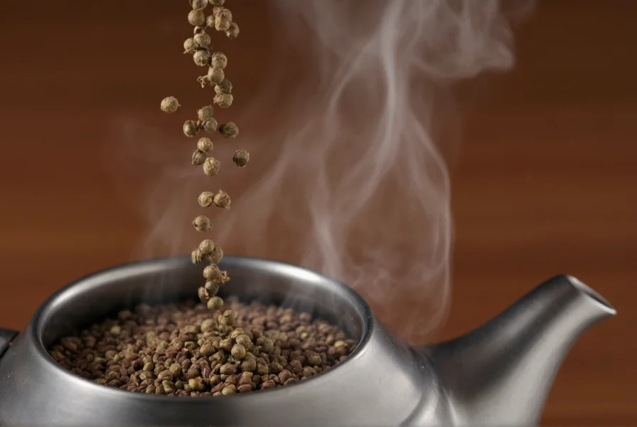 Close-up of cumin seeds being poured into a teapot with steam rising