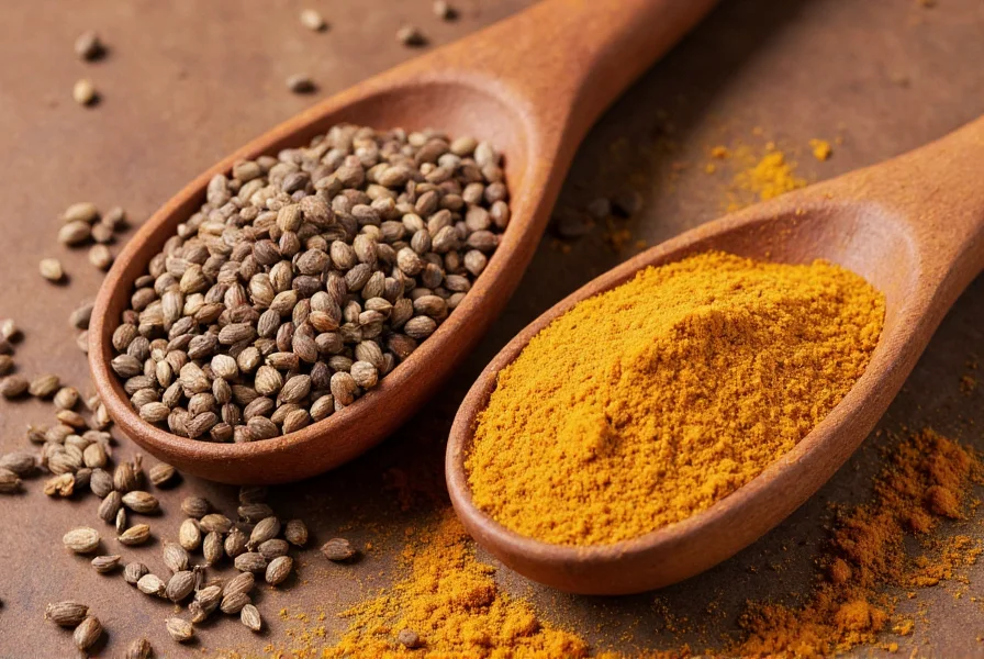 Close-up of whole cumin seeds and ground cumin next to traditional Indian cooking utensils