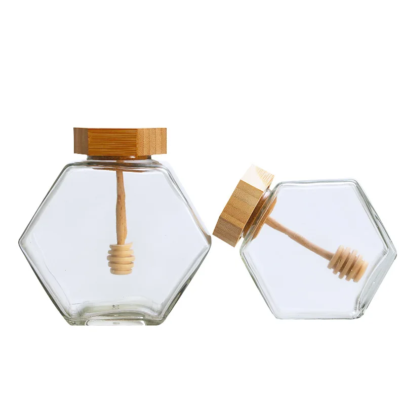 

empty hexagon bee shaped honey jar with dipper wood lid packaging box in bulk 100ml 200ml 500g