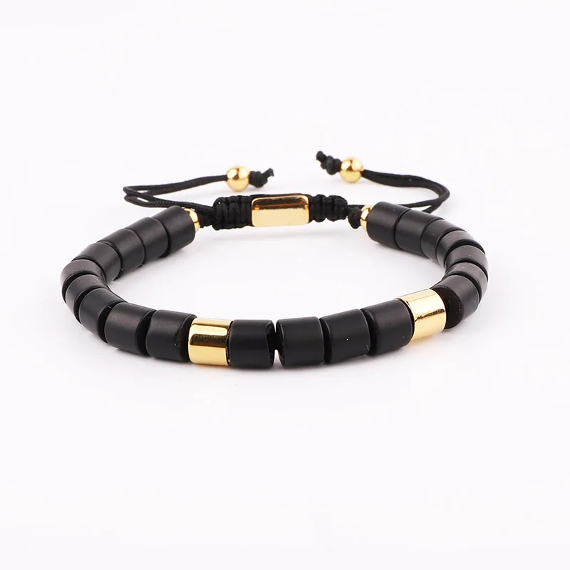 

Renting Jewelry New Design Natural Matte Onyx Stone Tube Stainless Steel Beads Macrame Adjustable Custom Bracelet Men
