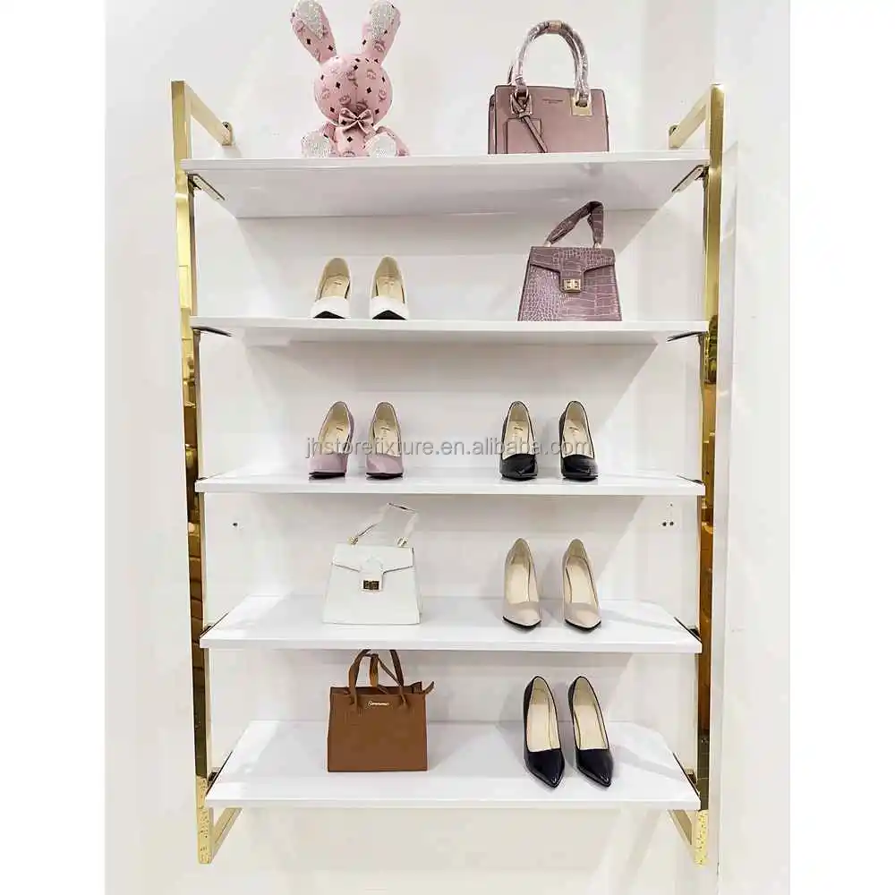 

European Stainless Steel Gold Metal Shoe Window display rack Four layers handbag shoe rack For wall