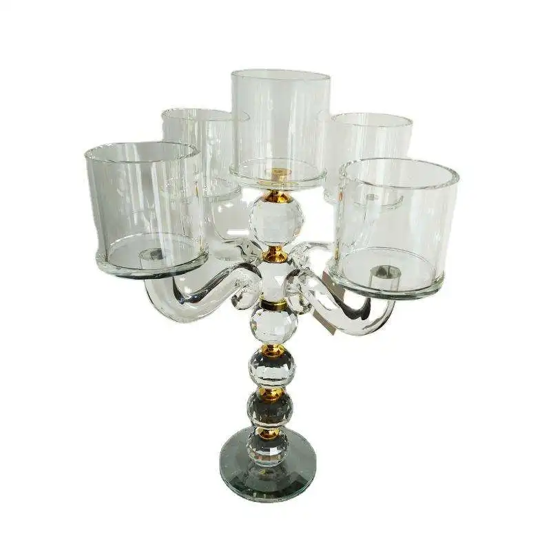 

Wholesale Customized Wedding Banquet Celebration Crystal Glass Candelabra 5 Arm Wedding Centerpieces