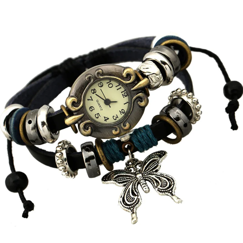 

Vintage Fashion Braided Leather Watches With Bracelet Butterfly Pendant Wrist Watches For Women