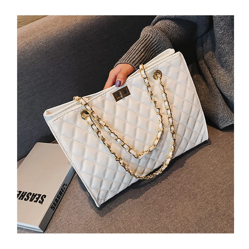 

Chain Large Shoulder Bag Women Travel Bags Patent Leather Luxury Handbags For Women Brand Plaid Tote Designer Sac A Main Femme