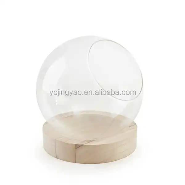 

Custom Made Borosilicate Clear Round Glass Globe Ball Terrarium with Wooden Base, Clear transparent
