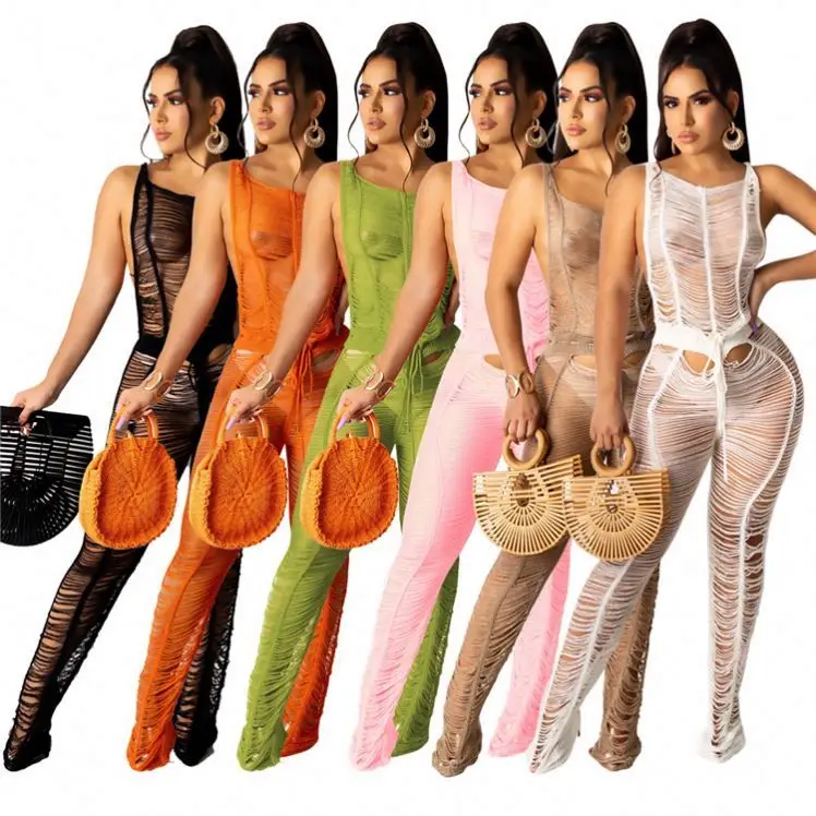 

MISS Best Design Solid Color Sleeveless Crochet Weave Perspective Bandage Women Jumpsuits And Rompers