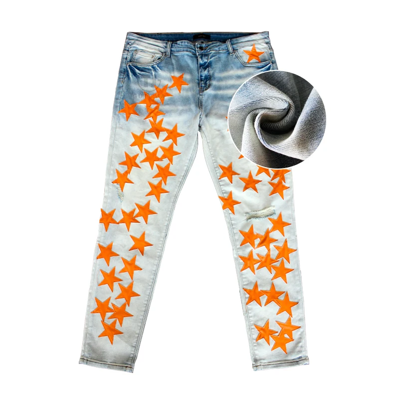 

2022SS OEM men's jeans Orange leather Star patch jeans men Quality jeans pant men, Blue