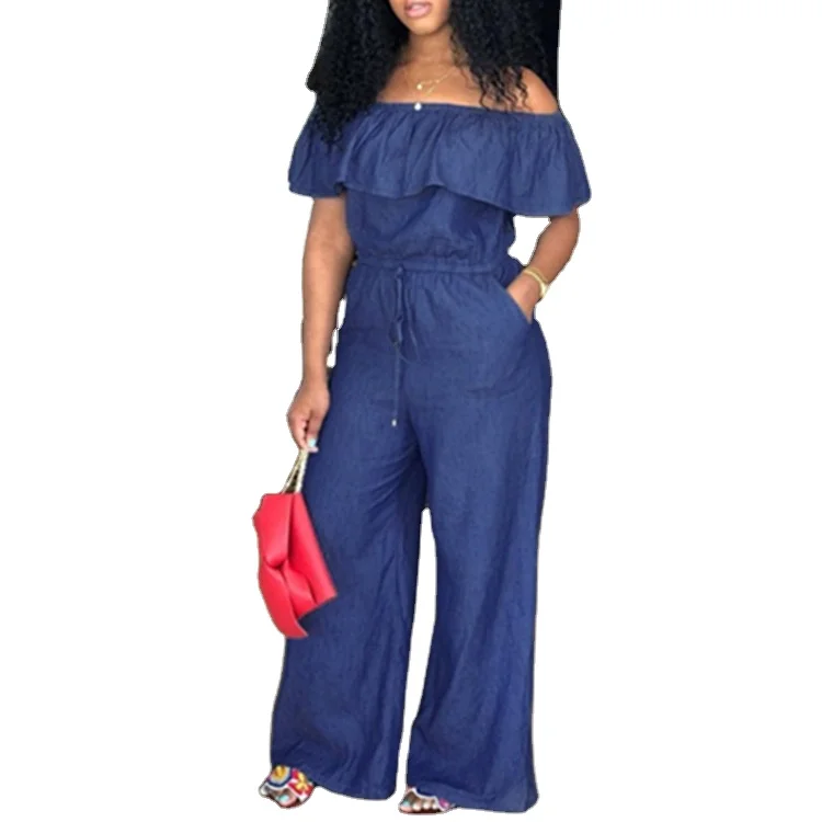 

Trendy Women Strapless off shoulder Design Blue Jumpsuit Ladies Denim Shirt Jeans Jumpsuit, As shown