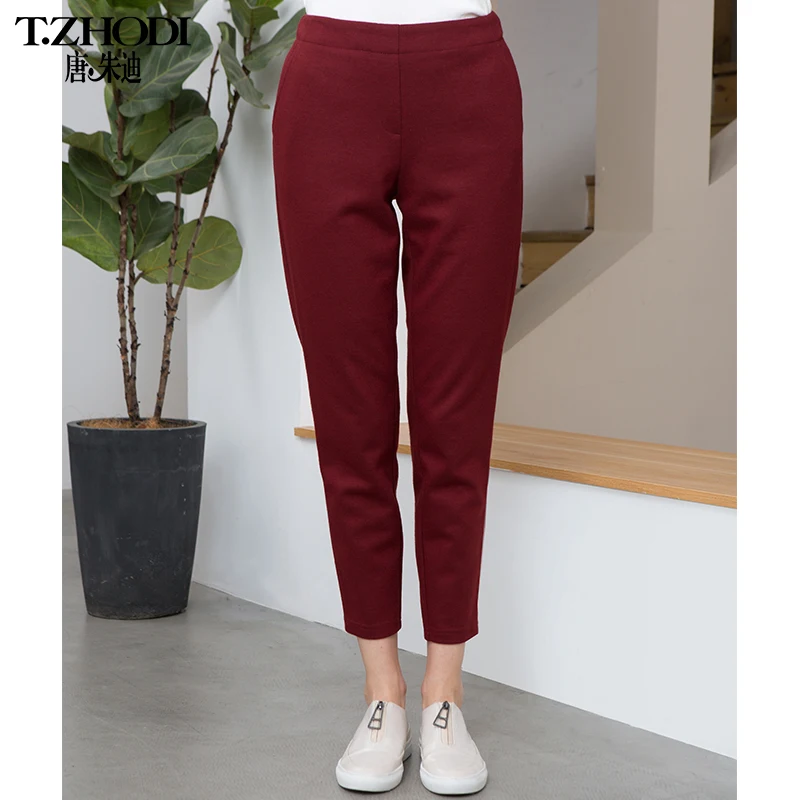 

Fall/winter women's trousers new 2021 style solid color elastic waist brushed women casual pants T116658, Black/red