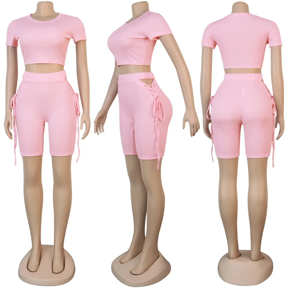 Short 2 Piece Set For Women Ribbed Crop Top And Shorts Suit Two Piece Outfit Tracksuit 2pc 0696