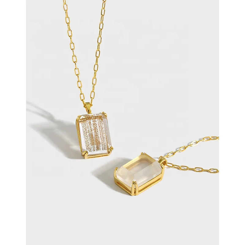 

New Arrival INS Geometric Square White Crystal Chain 925 Sterling Silver Pendent Necklace for Women