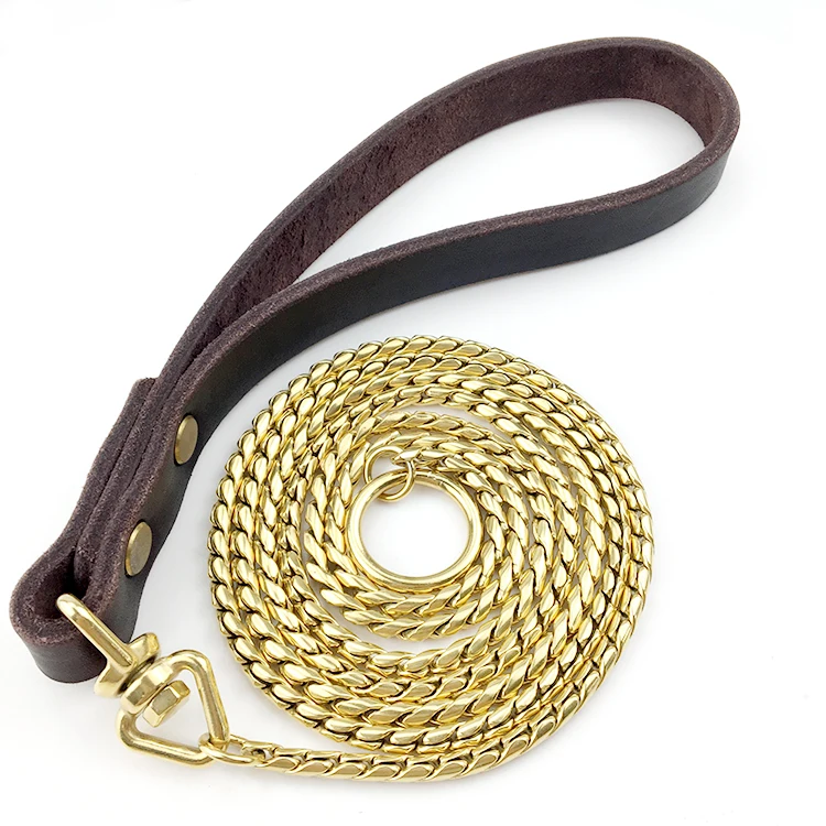 

Wholesale Gold Snak Stainless Steel Cuban Dog Collar & Leash Hook Leather Cuban Link Lead Chain All-in-one, Gold/gray