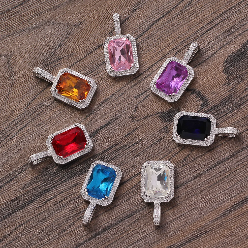 

European Top Ranking Hips Hops Multi Colors Square Diamond Pendant Necklace Colorful Micro CZ Square Pendant Necklace