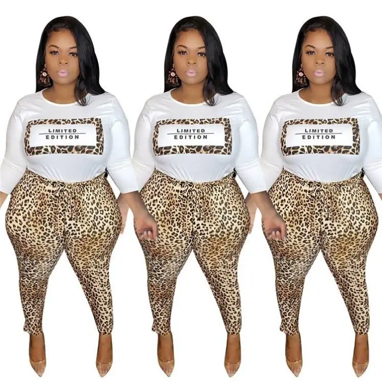 KG3655 lowest price leopard pants letter print tshirt Two Piece Outfits sets Plus Size Women Clothing