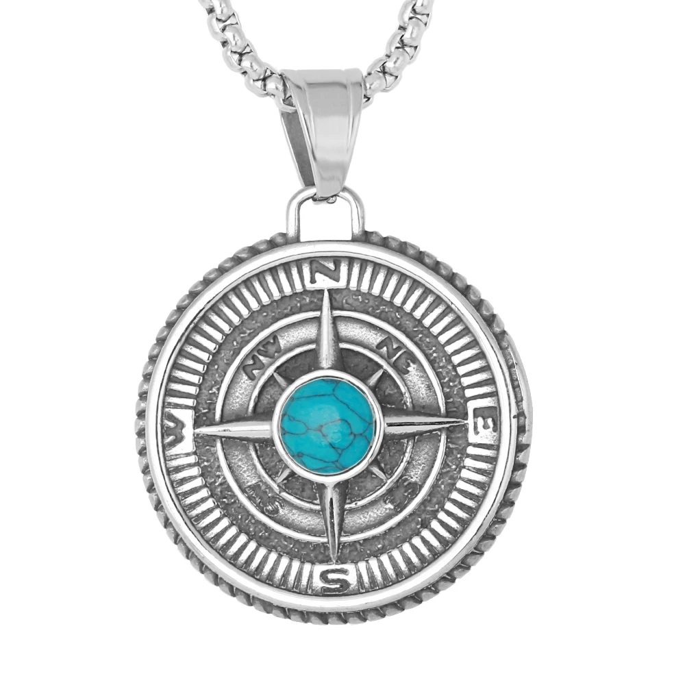 

New Arrival Nordic Viking Turquoise Jewelry Stainless Steel Circle Compass Pendant Necklace with 3D Effect