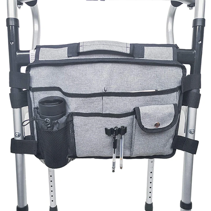 

High Quality Grey Hanging Double-sided Front Side Rollator Walker Bag With Cup Holder for Accessories