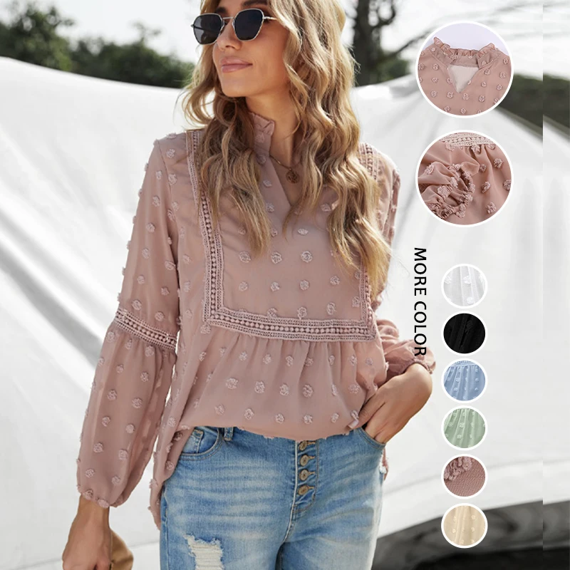 

New Arrive High Quality Ruffled Split Neck Lace Hollow Out Puff Sleeve Blouse Long Sleeve Women Top Fashionable, Customized