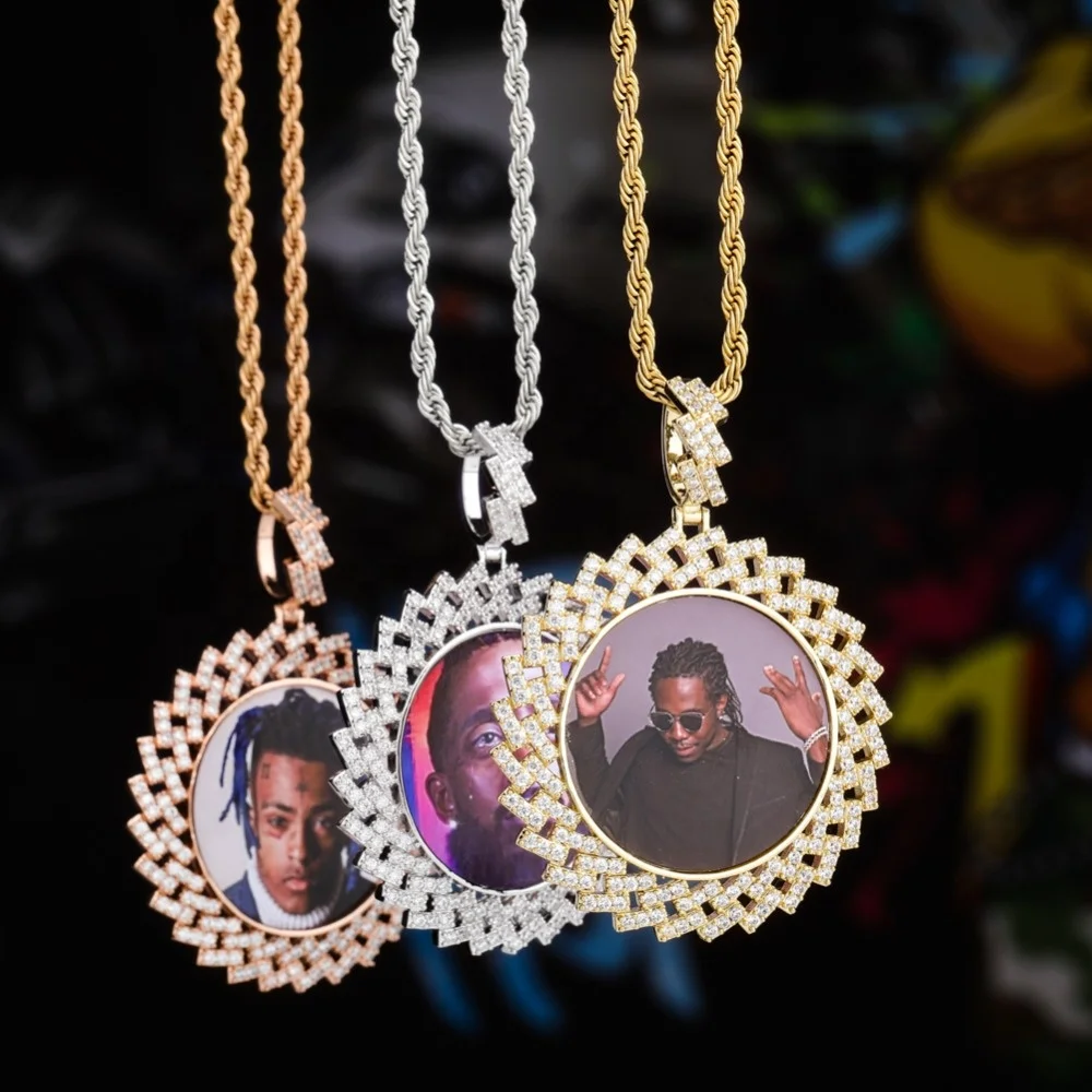 

One Custom Photo Frame Round Medallions Gold Silver Cubic Zirconia Hip Hop Jewelry Pictures Charms Image Pendants Bling Jewelry, Color,silver,rose