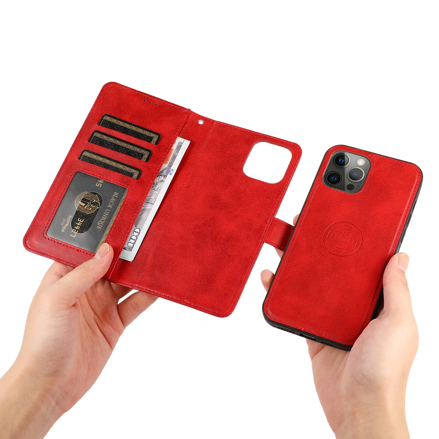 

High Quality Custom 2 In 1 Calfskin Leather Phone Case Strong Car Magnetic Cellphone Cover For iPhone 11 12 Pro Max, Multi colors