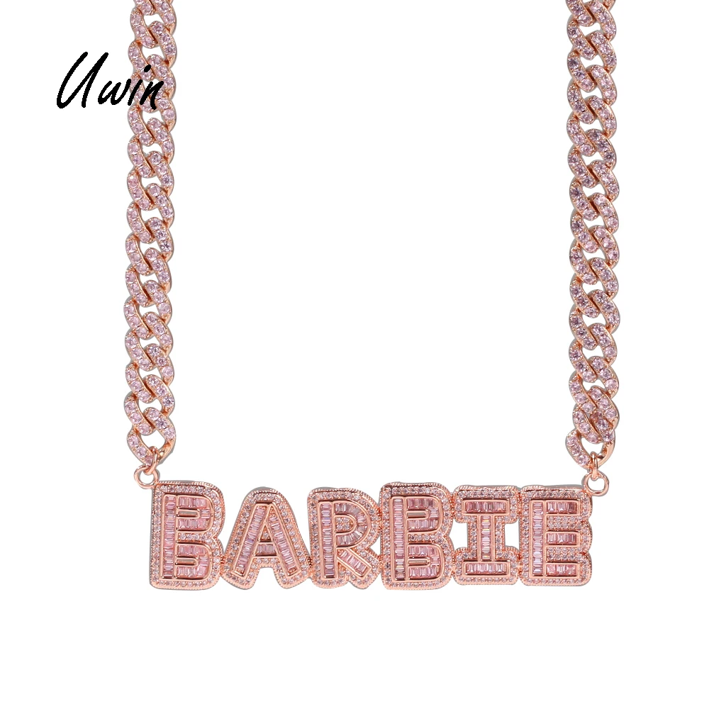 

UWIN Custom Baguette Letter Names 9mm Pink Cuban Link Chain Women Necklace DIY Jewelry