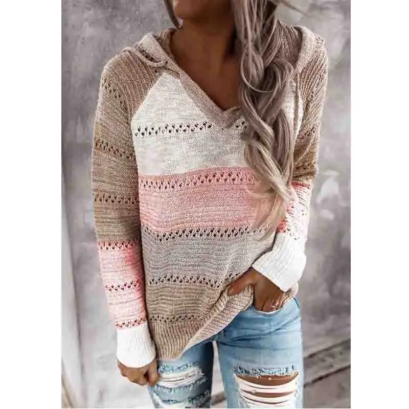 

New Arrival Women Color Block Hollow Out Drawstring Knitted Hoodie, Pictures show