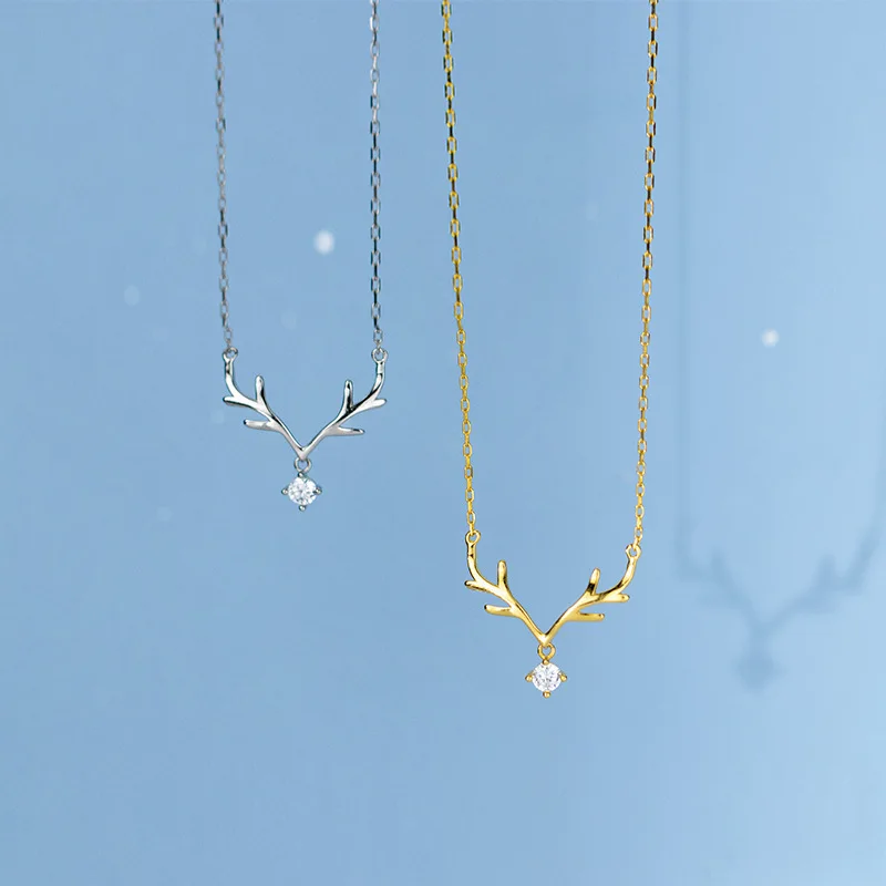 

925 silver fashion jewelry christmas antlers Elk deerhorn zircon pendant gold plated necklaces for women christmas gifts