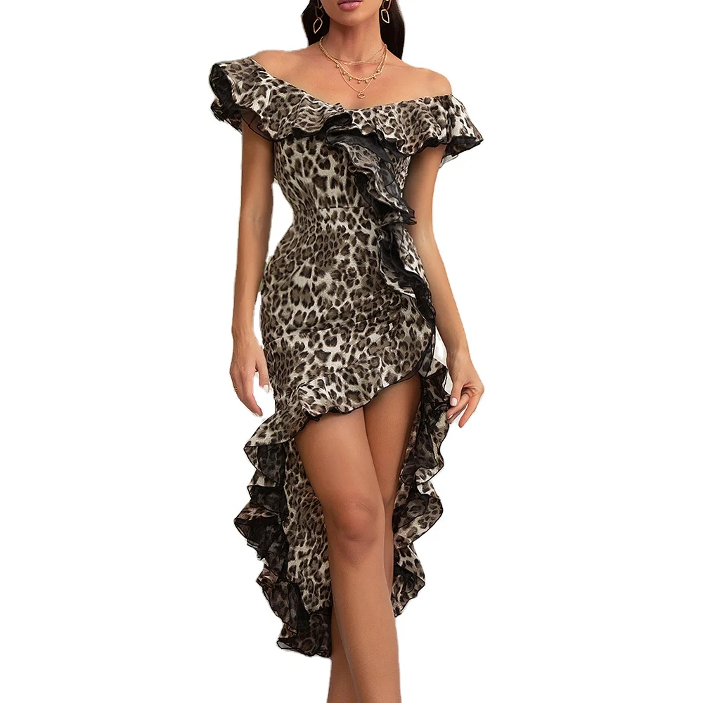 

D8888 Women's one-shoulder deep V sexy leopard print evening dress