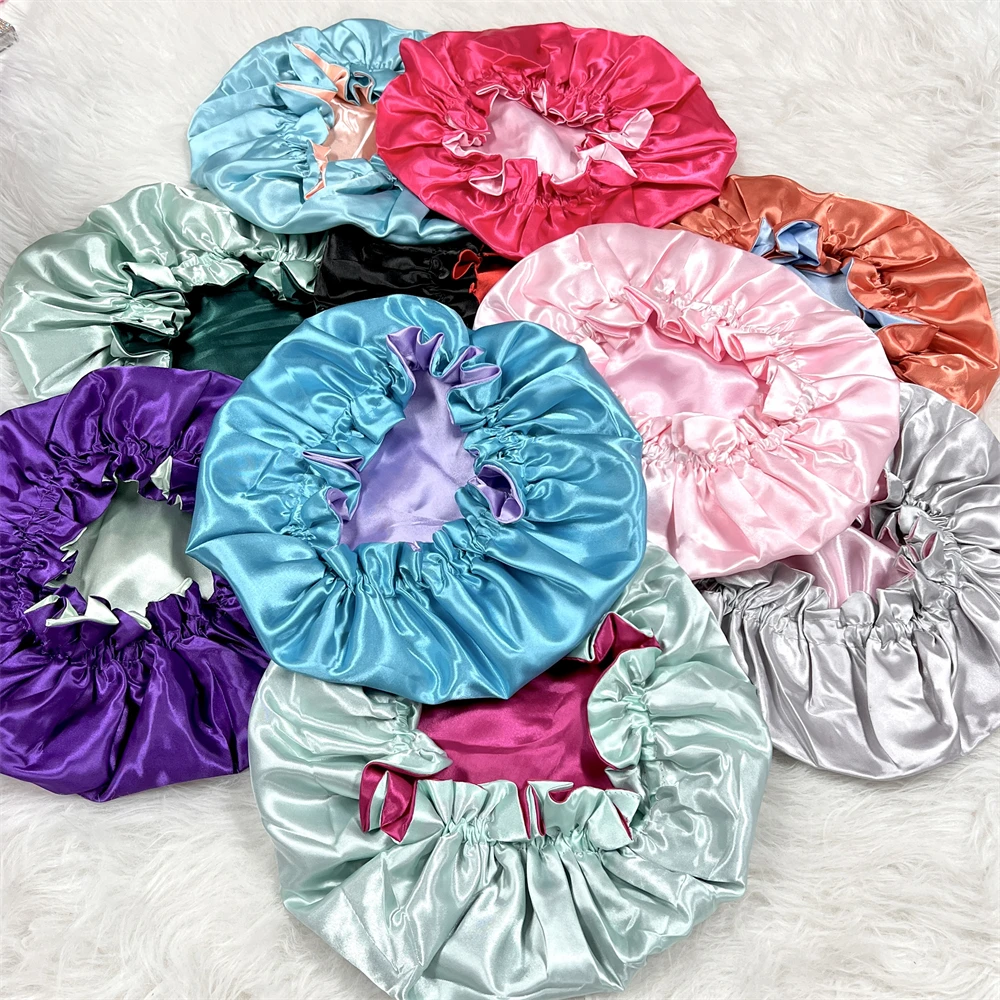 

Wholesale Adult and Kids Double Sided Bonnets Custom Logo Soft Satin Hair Bonnets Sleeping Cap