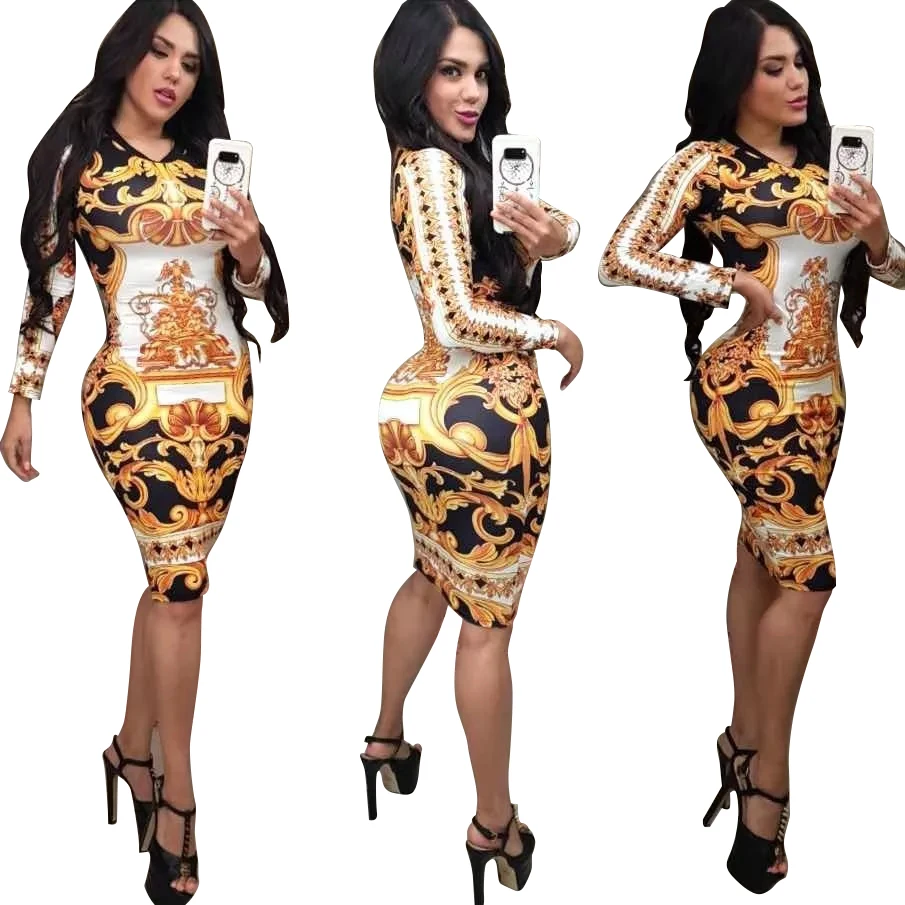 

Women's Fashion Dress Women sexy party V-Neck fashion printed long sleeve club dress