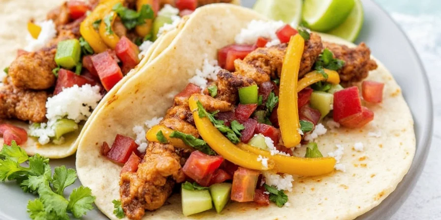 Taco assembly station with various toppings and tortillas