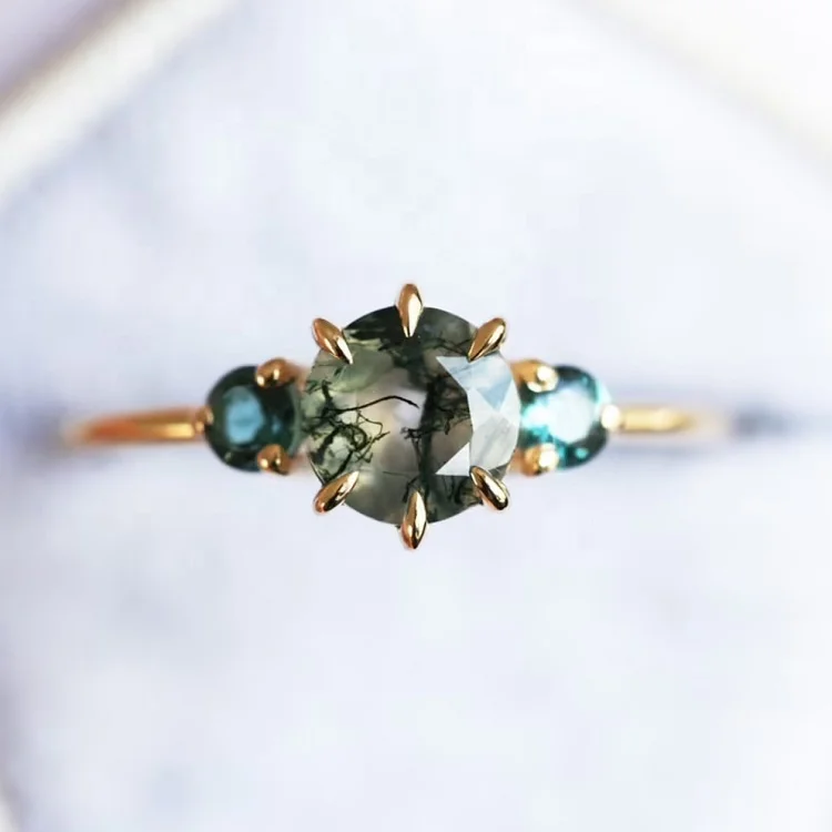 

Beautiful sterling silver blue zircon natural moss agate ring LYR0774