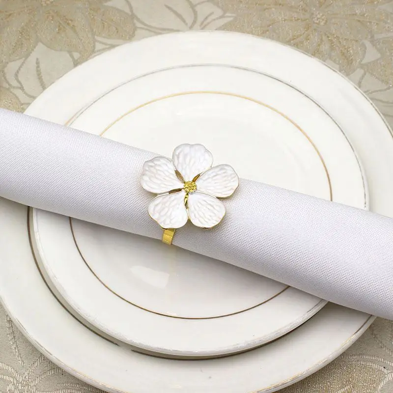 

Hot Sale napkin holder ring white plum blossom elegant metal flower napkin rings