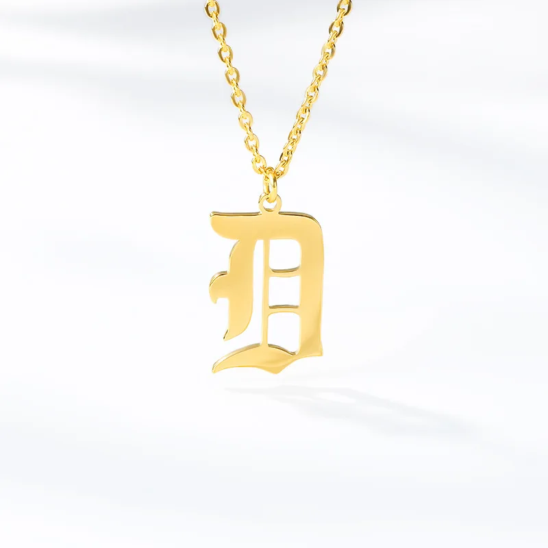 

2020 Women Initial Gold Silver Chain Letter Necklace 18K Stainless Steel Old English Font Pendant Long Necklace, Gold/silver/rose gold