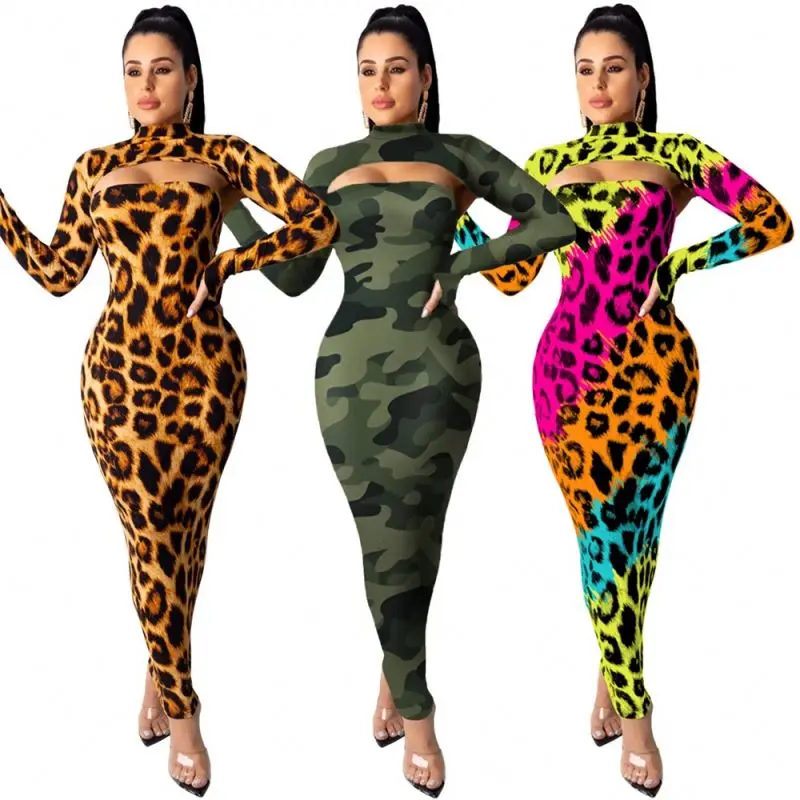 

Sexy club wear leopard two piece set wrapped chest women clothing long skirt casual women two piece set dress