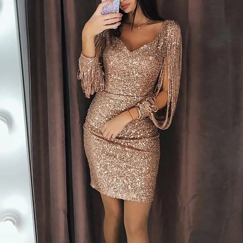 

Fashion Plus Size Night Party Mini Knee Length Sexy Sparkling Women Bodycon Night Club Dress 2020